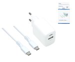 Adaptador de carga USB PD/QC 3.0 incl. cable C-C, blanco 20 W, 3,6 V~5,9 V/3 A; 6~9 V/2 A; 9 V~12 V/1,5 A